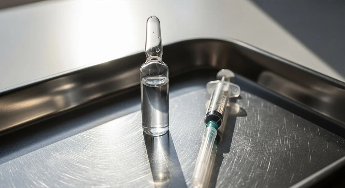 Ампула и шприц на металлическом столе